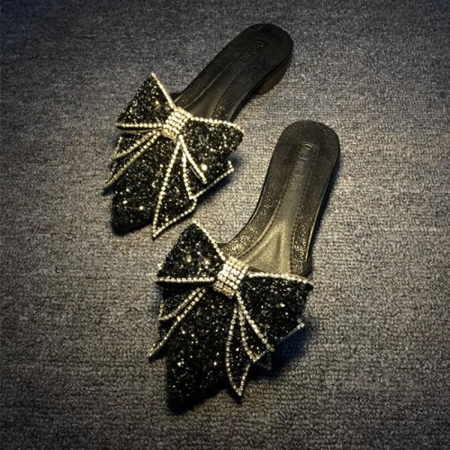 Women's Sandals 2023 Summer Rhinestone Slippers Female Footwear Pointed Sandals Slippers Half Bow Flat Shoes for Girls