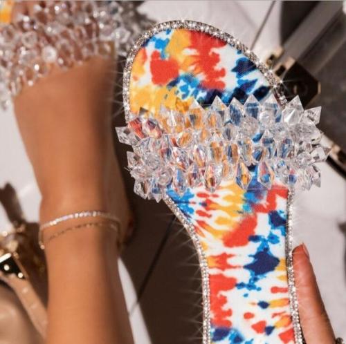 summer new women round head rhinestone transparent flower female flat beach sandals outdoor all-match casual slippers