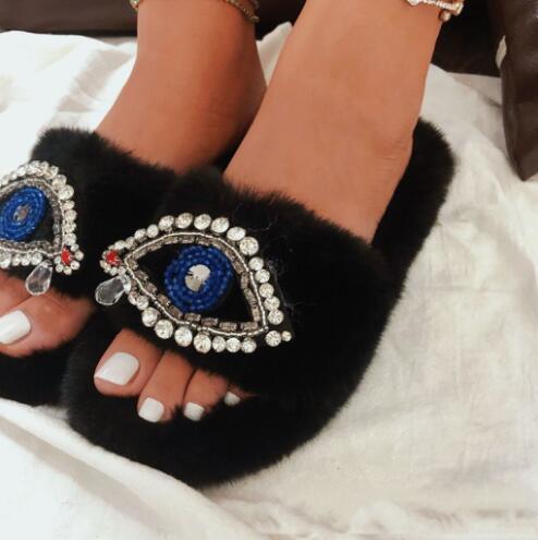 new women's thick bottom rhinestone chain plush sandals women's autumn/winter outer wear cross cotton slipper 36-43