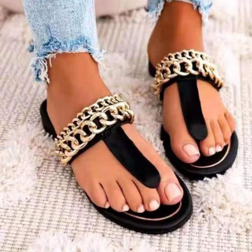 2023 Summer New Women's Casual Clip Toe Flat Sandals Metal Chain Decoration Fashion Comfortable Hot Sell Indoor Ytmtloy Zapato