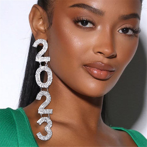 Customized Rhinestone New Year 2023 Pendant Long Drop Earrings Jewelry for Women Crystal Digital 2023 Dangle Hanging Earrings