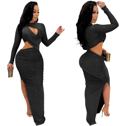 Elegant Sequin Long Sleeve Cross Hollow Out High Split Floor Length Long Dress Women Sexy See Through Evening Party Club Dresses