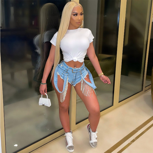 Women Diamonds Tassel Shorts Jeans Casual Ribbon High Waist Distressed Denim 2022 Summer Outfit Hot High Street Workout Trousers