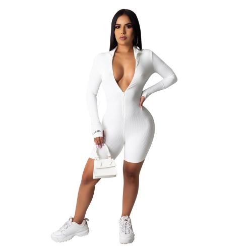 Women Embroidery  Letter Print Long Sleeve Solid Color Zipper Up Sport Playsuit Sexy V Neck  Party Club Skinny Jumpsuit Rompers