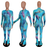 Active Wear Women Casual Tie Dye Chain Print Zipper Up Bodycon Moto Biker Flare Jumpsuit Streetwear One Piece Romper Overalls