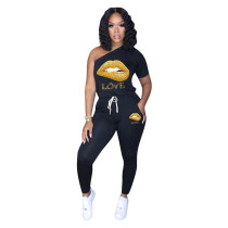 fitness Women Love Lips Print One Shoulder Skew Neck loose Jumpsuit Sexy night Club Party Rompers Playsuit One Piece Overalls