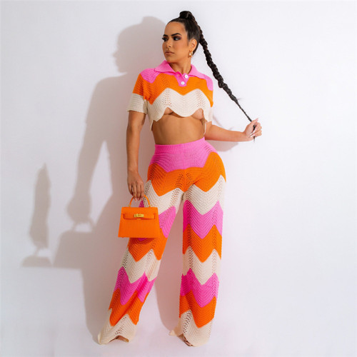 Knitted Crochet Stitching T-Shirt + Elastic Pants Casual Women Outfits 2 Two Piece Sets Autumn Matching Tracksuit 2022