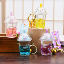 Cartoon Milk Tea Cup Cat Keychain Liquid Quicksand Sequin Key Ring Charm Bag Car Pendant Key Chain Bag Pendant Keyfob Gifts