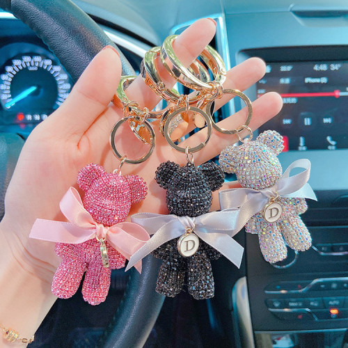 Luxury Jewelry Full rhinestones Bear Car Key chain Creative Letter Big Button Key chains Bag Pendant Doll  Party Gifts For Women