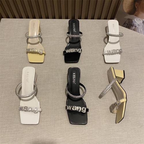 2023 Summer Slides Open Toe Women Slipper Fashion Female Outdoor Thick Heel Rhinestone Sandal Slip on Beach Slides Sexy Pumps