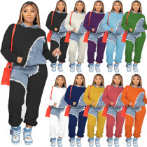 Denim Hoodie Top 2 Piece Pants Sets Tracksuit Pullover Joggers 2023 Winter Women Outfit Y2K Streetwear Clothes Two Piece Set