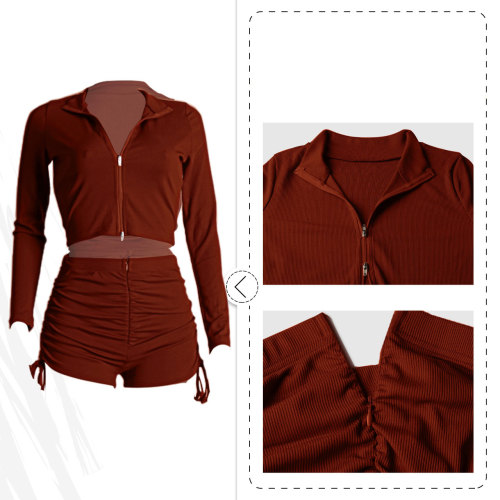 Autumn Knitted 2 Piece Short Sets Women Long Sleeve Zipper Up Crop Top and Tight Biker Shorts Casual Solid Clothes Streetwear