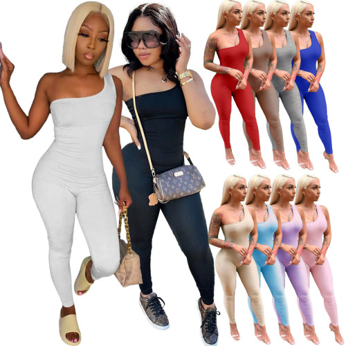 Sexy One Shoulder Long Jumpsuit Women Sleeveless Casual Rompers 2021 Summer Spring Solid One Piece Outfit Bodycon Jumpsuit