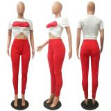 S-3XL Lip Letter Print Women Casual Two Piece Set O Neck Short Sleeve Crop Top Pencil Pants Female Tracksuits