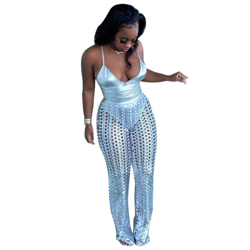 Gilding Two Piece Set Women Sexy Outfits 2022 Summer V-neck Camisole Top + Hollow Out Wide Leg Pants Clubwear Clothing