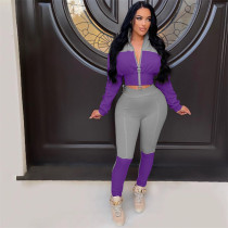Color Patchwork 2 Piece Jogger Set Women Autumn Winter Tracksuit Double Zipper Long Sleeve Jackets Crop Top Pants Suit