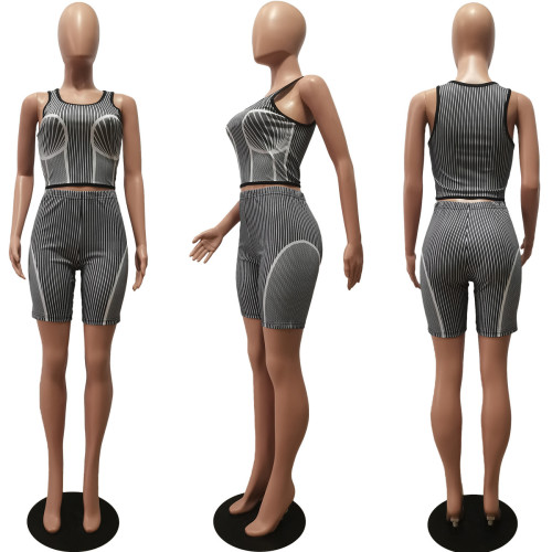 Summer Striped 2 Piece Sport Shorts Women Sleeveless Tank Crop Top and Biker Shorts Tracksuit Matching Sets Caual Clothes 2023