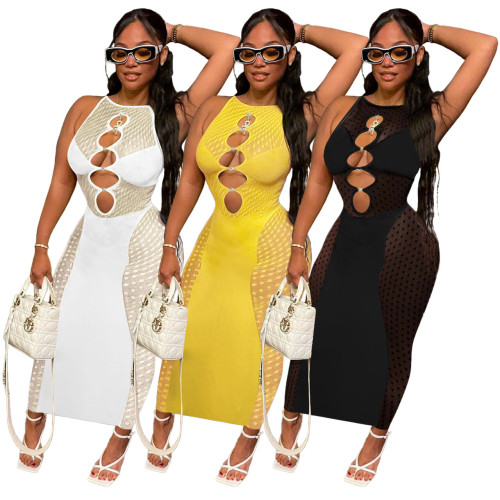 Sexy Patchwork Mesh Long Dress Women Cut Out Tank Sleeveless Dresses Summer Bodycon Party Sundress Clubwear Clothes 2022
