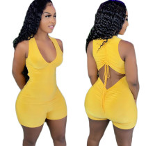 Women Solid Drawstring Open Back Tank Jumpsuit Sexy Deep V Neck Sleeveless Skinny Shorts Playsuit Slim Romper Overalls
