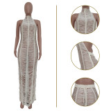 Women Knitted Maxi Beach Dress 2022 Summer Sexy See Through Lace Halter Backless Long Robe Swimsuit Cover Ups Outfits