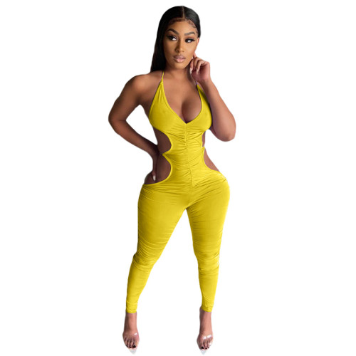 Women Sexy Solid Pleated Jumspuit Deep V Neck Lace Up Halter Backless Pencil Pants Slim Romper Night Club Overalls