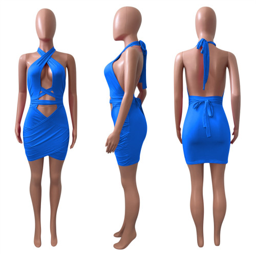 Solid Bandage Mini Dress Women Sexy Hollow Out Cross Halter Lace Up Backless Bodycon Night Clubwear Party Skirt Outfits