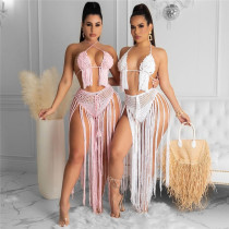 Hand Crochet Women Summer Beach Two Piece Set Dress Fashion Sexy Tassel Halter Bra Crop Top Fringing Maxi Skirt Coverups
