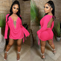 Solid Sheer Mesh Mini Dress for Women 2022 Spring Summer Sexy Draped V Neck Backless Long Sleeve Drawsring Club Skirt