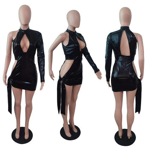 Sexy One Sleeve Cut Out Party Dress Women Lace Up Bodycon Turtleneck Dresses Spring One Shoulder Night Clubwear Birthday Clothes