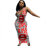 Sexy V Neck Tank Sleeveless Dresses Fashion Letter Print  kiss Lips  Dresses Summer Maxi Long Sundresses Vaction Y2k Clothes 5XL