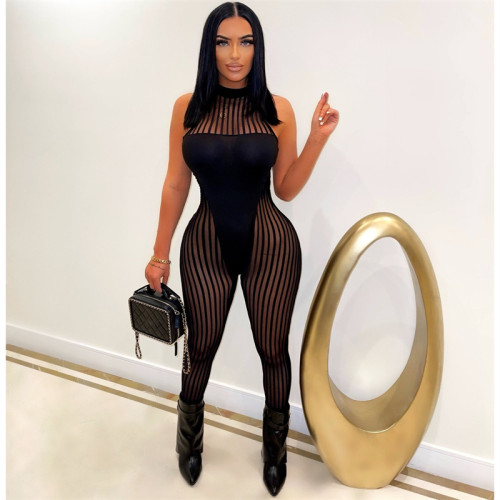 Stripe Mesh Patchwork Jumpsuits for Women Sexy See Through Halter Sleeveless Skinny Overalls Summer Clubwear Romper