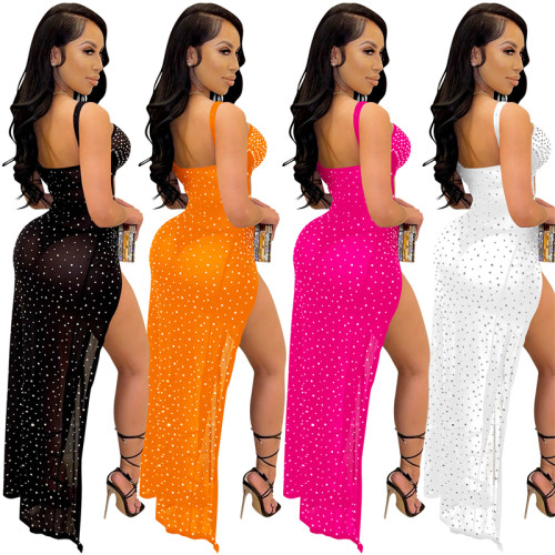 Women Sexy Hollow Out Diamonds Maxi Dress Spaghetti Straps Backless High Split Long Party Robe Night Club Wear Vestidos