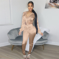 2023 Satin Two Piece Set Lace Up Long Sleeve Shirt Crop Top Button Fly Pencil Pants Women Fashion Casual Office Suits