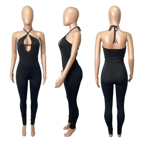Solid Lace Up Halter Jumpsuit Women Sexy Deep V Neck Backless Skinny Overalls 2022 Summer Stretchy Fitness Tracksuit