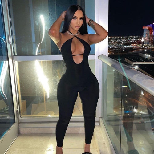 Solid Lace Up Halter Jumpsuit Women Sexy Deep V Neck Backless Skinny Overalls 2022 Summer Stretchy Fitness Tracksuit