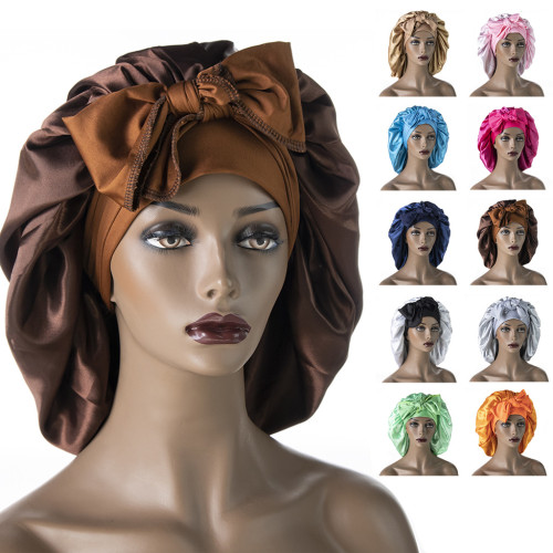 European and American style new satin nightcap Amazon hot selling large round cap with wide brim and long tail streamer