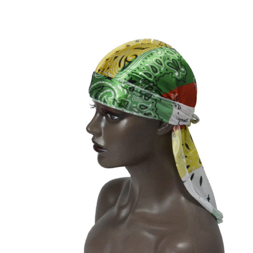 Amazon hot selling men and women satin elastic printing durag imitation silk thick long tail pirate hat silky durag