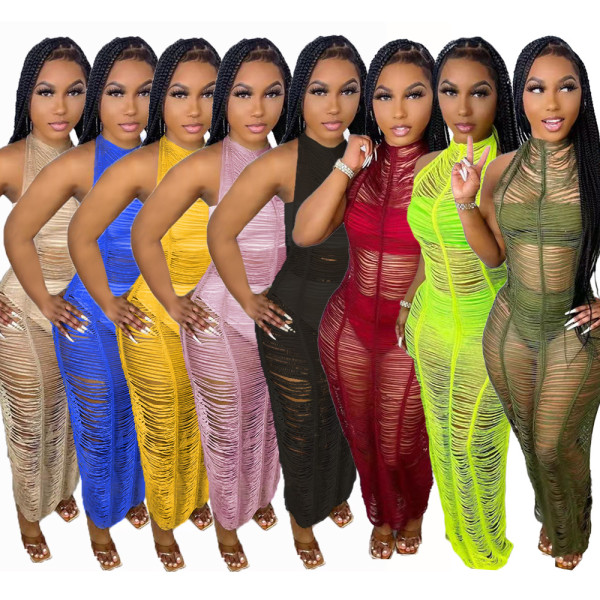Women Knitted Maxi Beach Dress 2022 Summer Sexy See Through Lace Halter Backless Long Robe Swimsuit Cover Ups Outfits