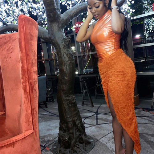 Fur Maxi Luxury 2 Piece Skirt Set Dress Halter Solid Sexy Club Party Casual Elegant Bodycon Evening Slit 2022 Fall Women Dresses