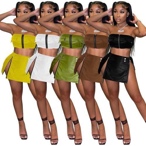 Summer Leather 2 Piece Skirt Sets Sexy Crop Tops Outfit 2023 Streetwear Fashion Club Party Mini Slit Dress Two Piece Set
