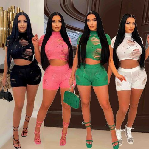 Crochet Crop Tops Two Piece Sets Sexy Knit Cargo Biker Shorts Pant Sweaters Women Summer Clothing Knitted 2 Piece Set Outfits