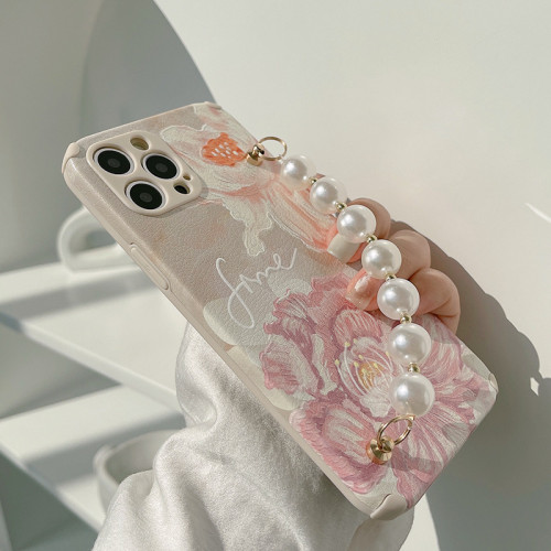 Painted Soft Big Flower+Pearl Bracelet Phone Case For iphone 14 13 12 11 Pro Max X XR XSMAX 7 8 Plus SE TPU Case Cover