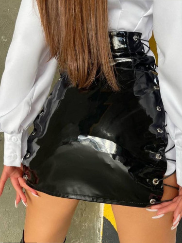 Women High Waist Side Lace Up Mini Skirts Vintage Faux Leather Black Goth Skinny Skirt 2022 Spring Fall Elegant Y2K Clothes