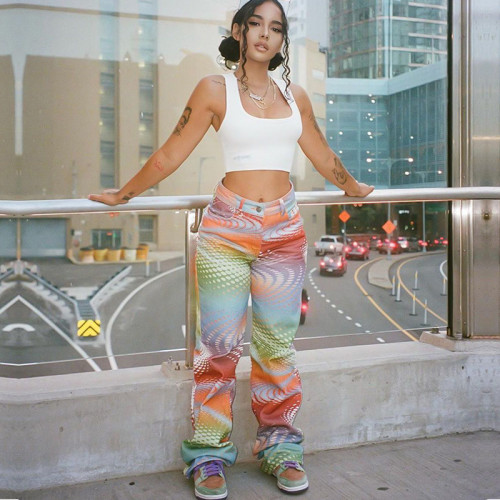 Women High Waist Casual Denim Pants Polka Print Loose Stacked Jeans Y2K Harajuku 90S Straight Punk Trousers 2021 Fall