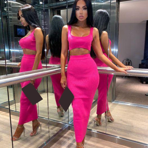 2023 Summer Neon Color Two Pieces Set Dress Women Sexy Ribbed Crop Top And High Waist Long Vestidos Two Piece Outfits