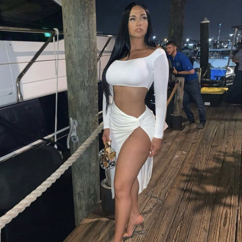 2023 Summer Long Sleeve Crop Top Two Piece Set Dress Women Side Ruched High Split Sexy Dress Party Night Vestidos