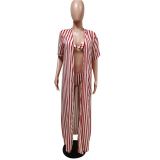 Striped 3 Pieces Bikinis Sets Women Sexy Halter Bra + Breif + Long Cover Shirt Summer Swimsuit Beach Wear Goth Vacation Clothes