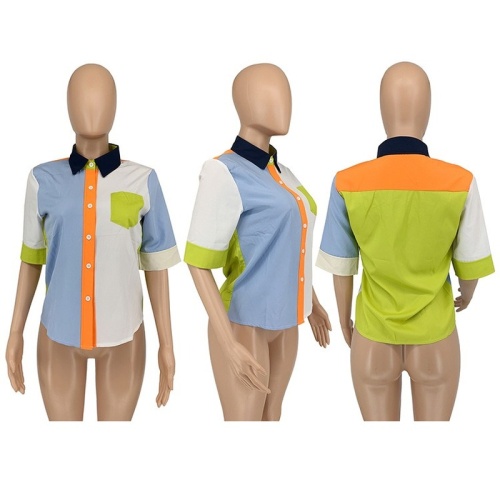 Summer Patchwork Half Sleeve Shirts Women Turn Down Collar Casual Blouses Fashion Streetwear Elegant Sheer Top Y2k Clothes 2023