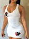 Heart Print Bodycon Cami Dress Casual Street Cut Out U Neck Mini White Dresses Cleavage Female Vestidos Sleeveless One Piece