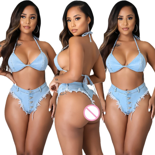 Women's Swimsuit Light Blue Denim Sexy Swimsuit Bikini Set 2 Pc Bra Denim Shorts Summer Holiday Beach Ladies Set Women Clothing